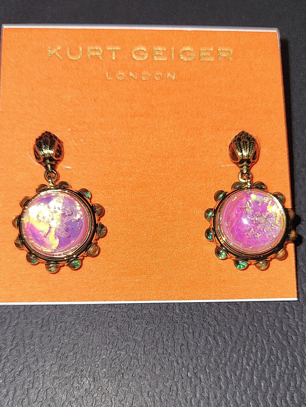 Kurt Geiger eagle Iridescent Opal Pink and Gold Drop Earrings Rt Hm